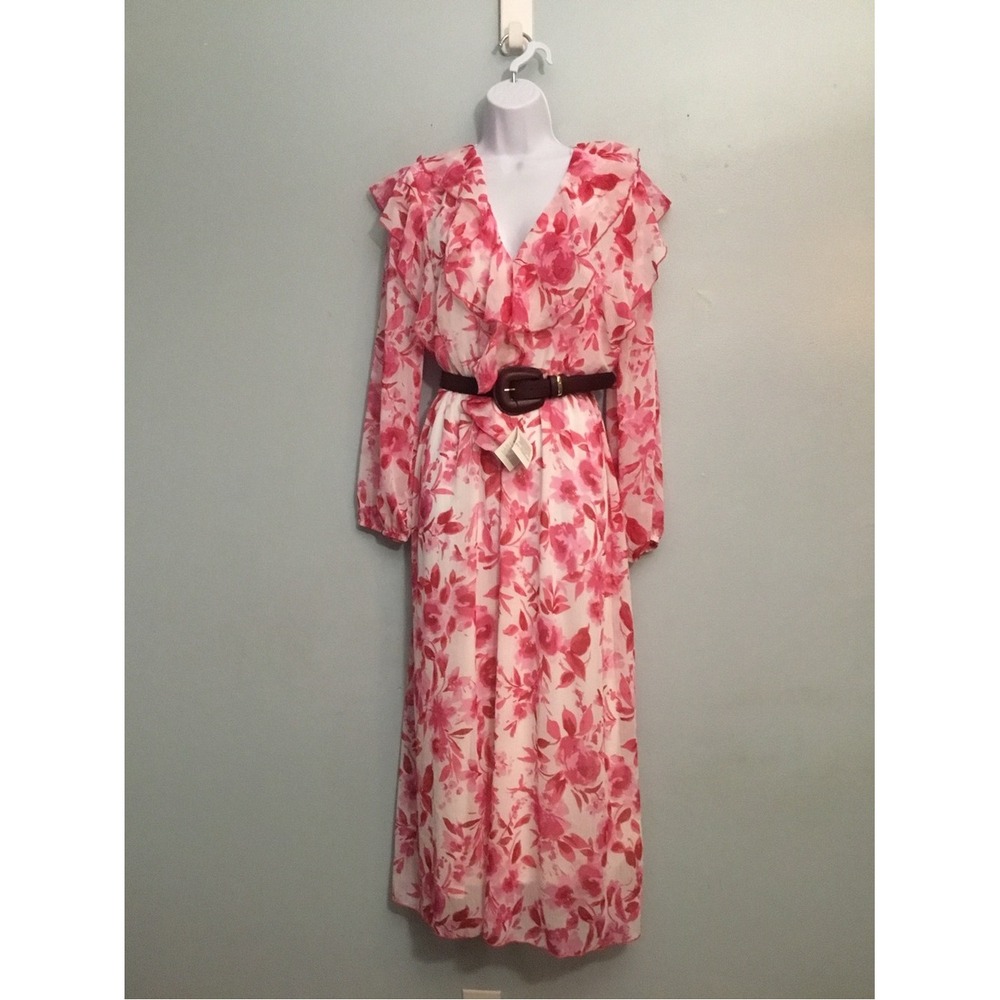 Zara Pink White Floral Ruffle Maxi Dress Long Sleeve V-Neck Size M New